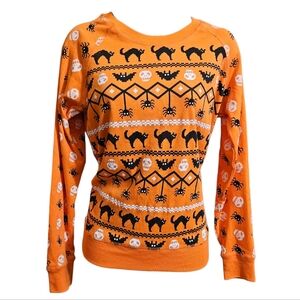 Halloween Cats Spiders Bats & Skulls Orange Crewneck Pullover Sweater